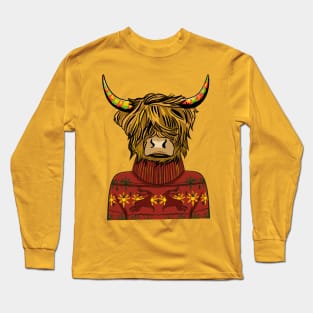 Scottish Highland Cow Wearing A Red Sweatshirt Long Sleeve T-Shirt